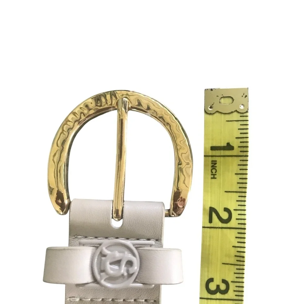 Steve Madden Beige Vegan Leather Belt Womens M Gold Buckle Classic Minimalist